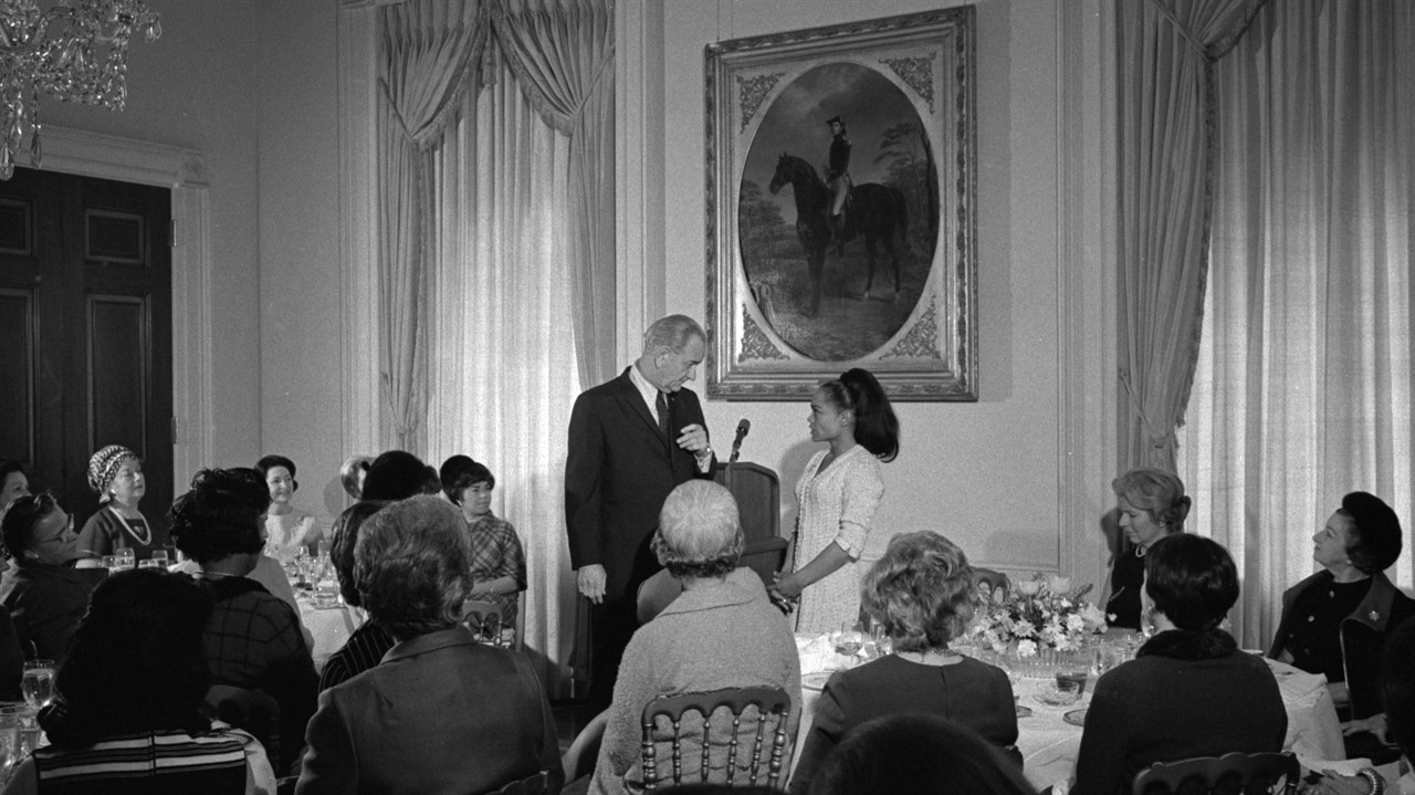 President Johnson and Eartha Kitt at a luncheon