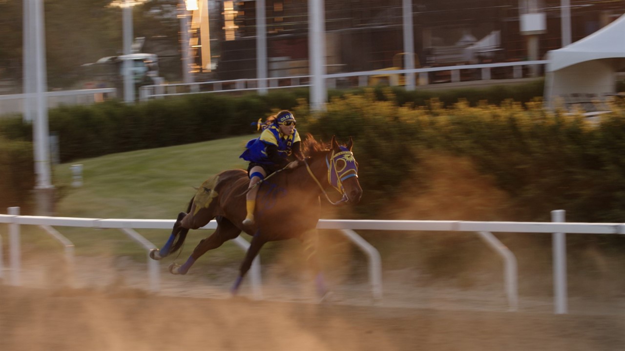 Jockey riding a horse, background blurred