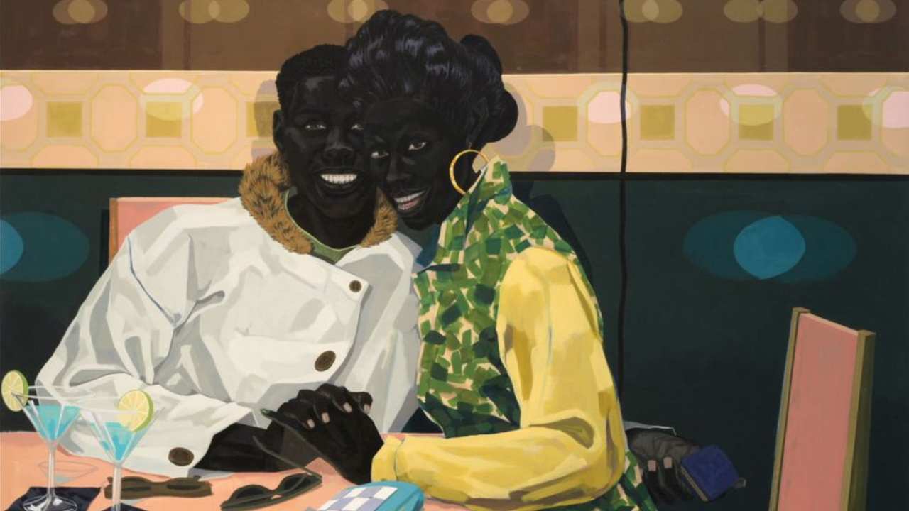 a painting of two people embracing