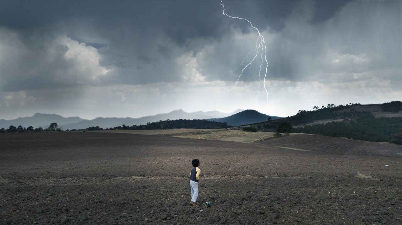 A child stand in a field with lightning in the sky