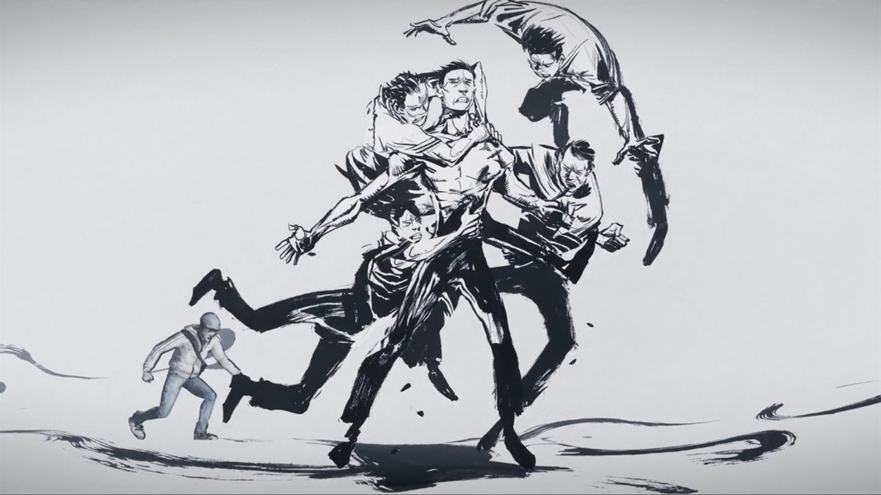 Illustration of a group of men attacking a man