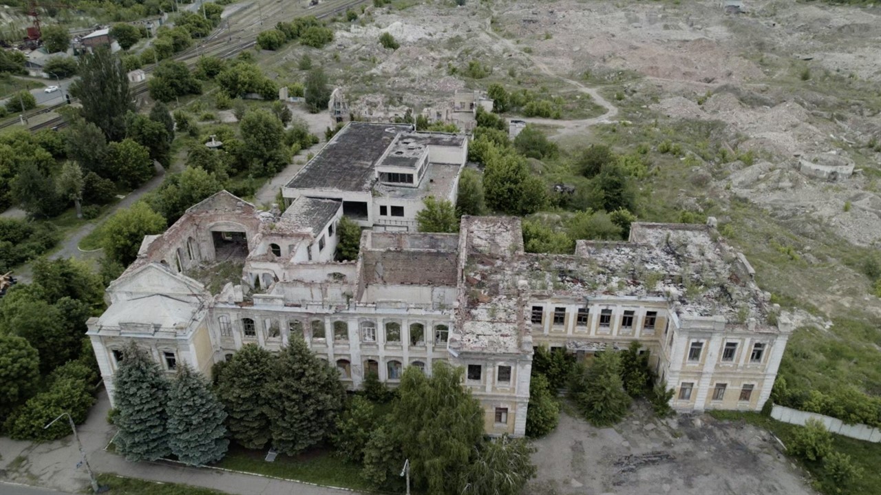 Aerial view of a large derelict building