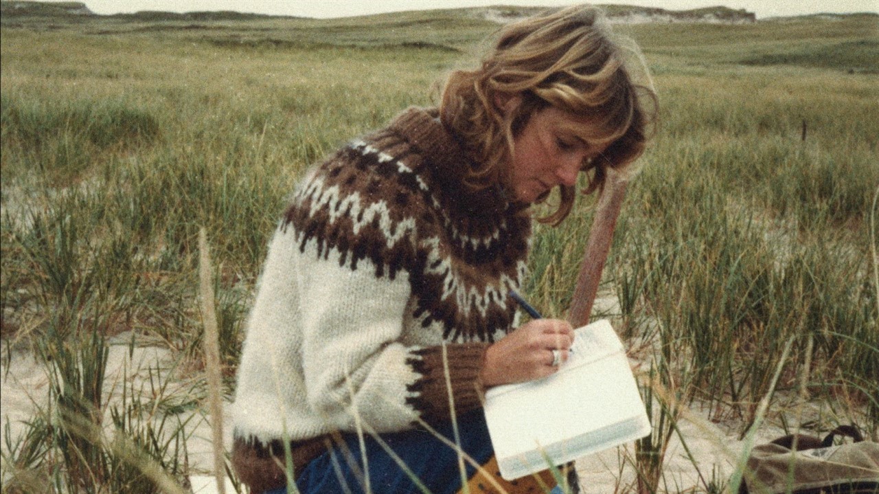 Woman in a sweater writing in a notebook