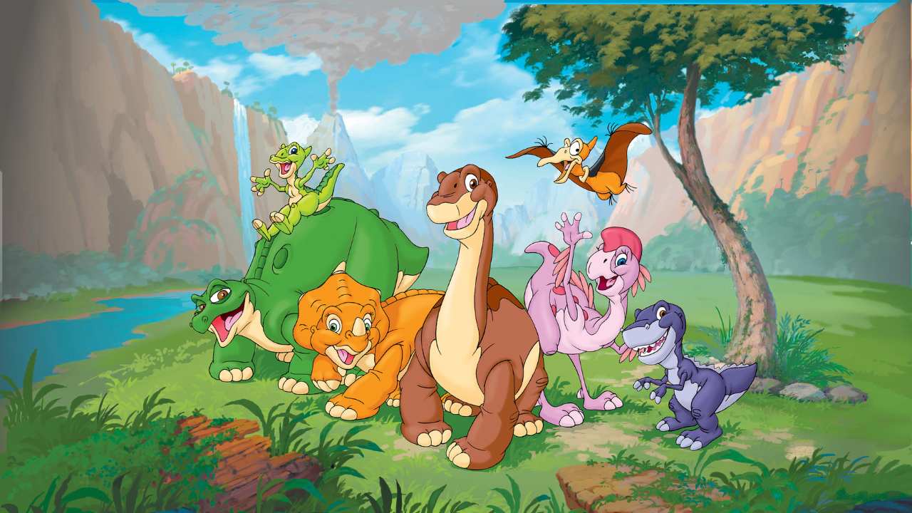 a group of cartoon dinosaurs standing together