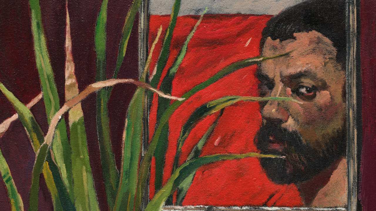 a painting of a man with a beard and a plant