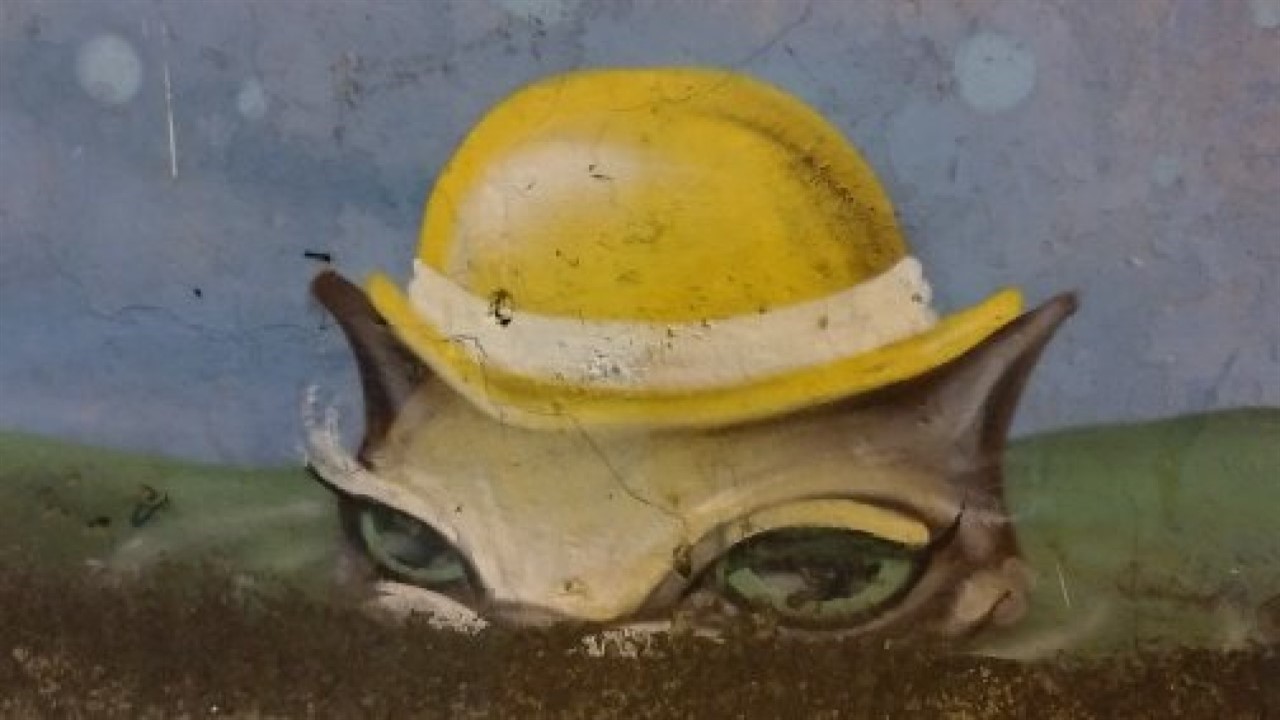 Cat wearing hat on mural on wall