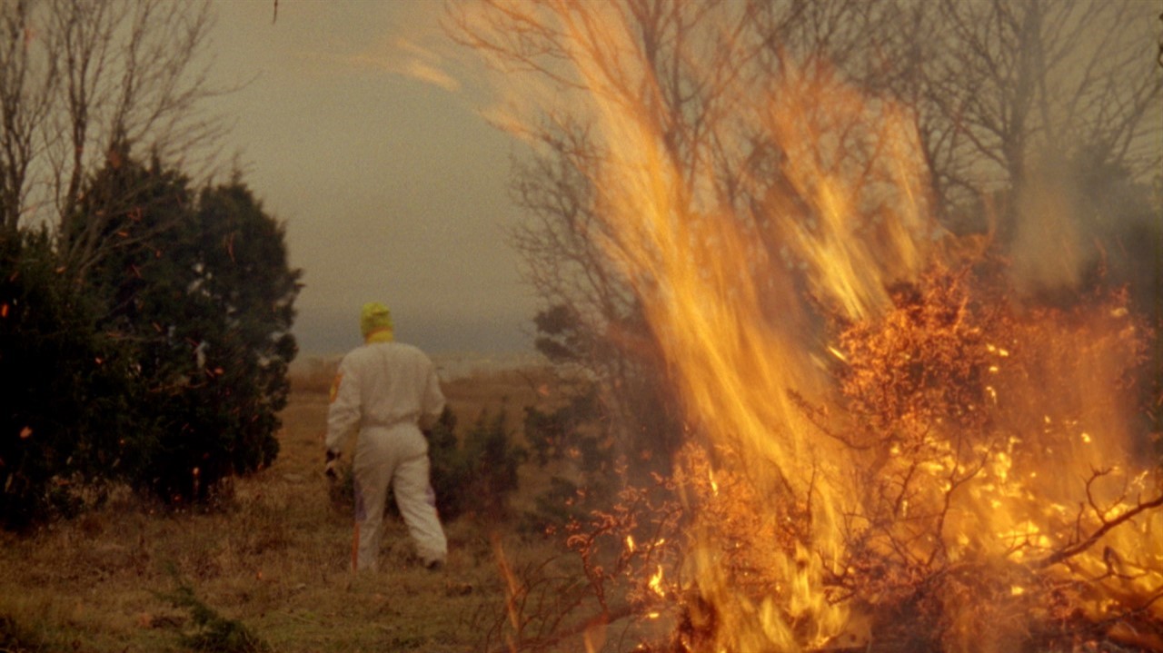 Person walking away from buring kindling