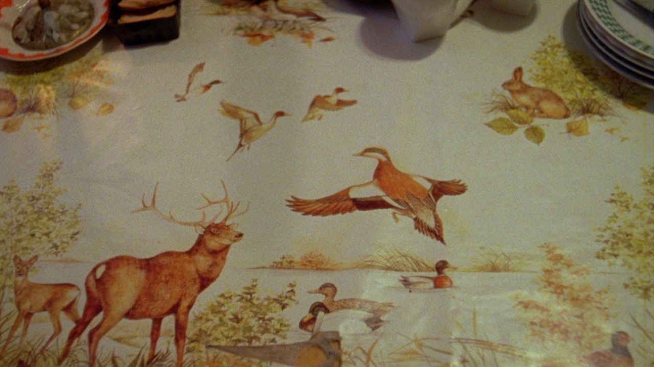 Tablecloth with ducks swimming and flying and deer