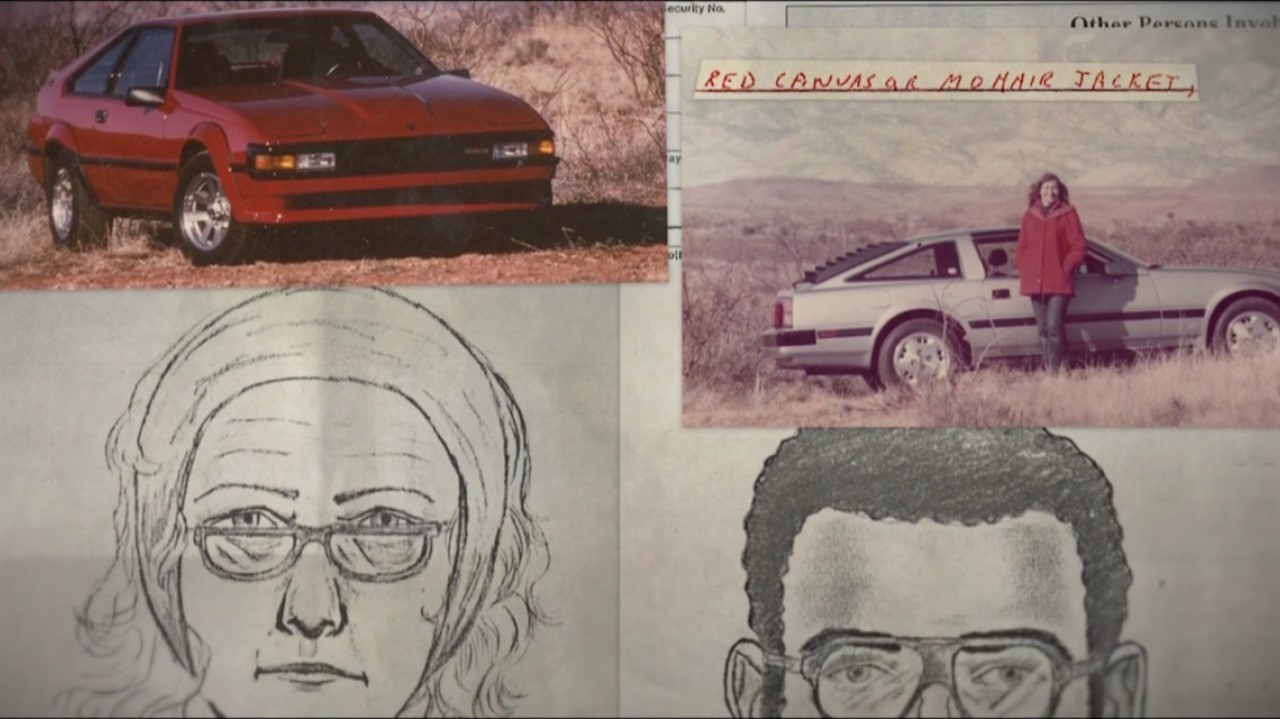 Two photos of cars and two sketches of people