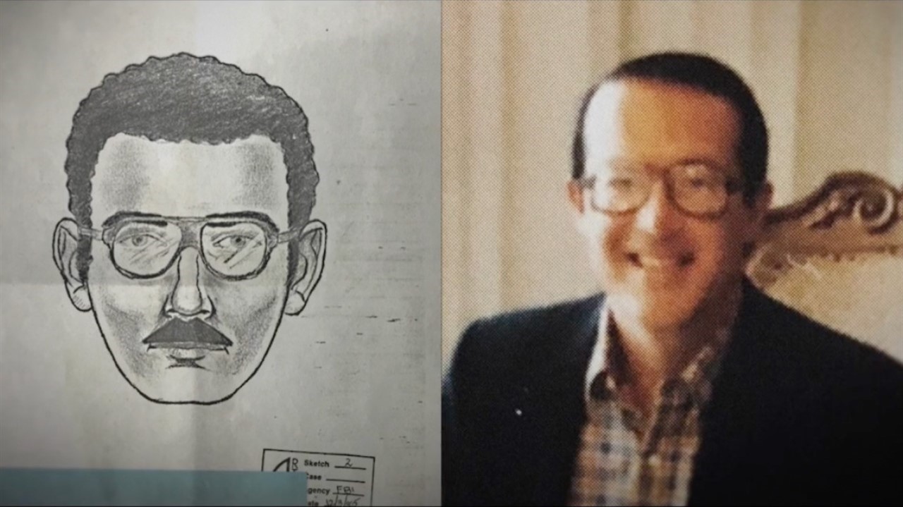 A photo and a sketch of a man with glasses